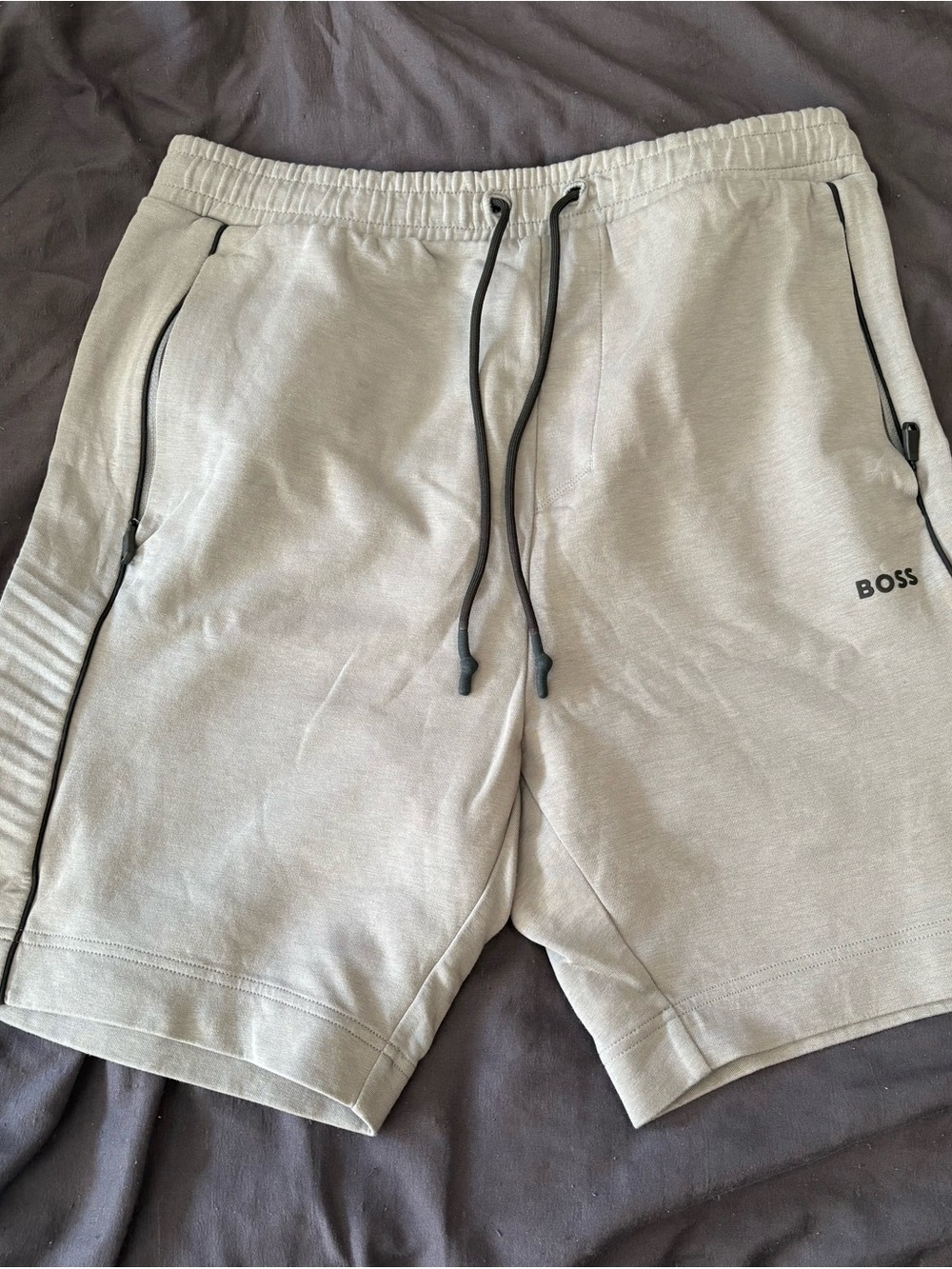 BOSS Men's Light Gray Athletic Drawstring Shorts with Black Trim
